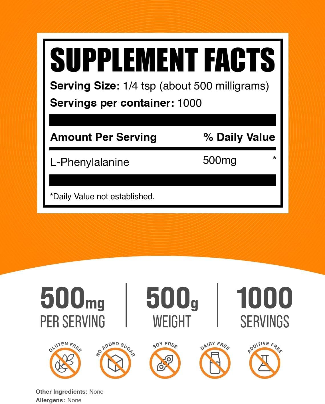 L-Fenilalanina en Polvo - 500mg por Porción, 500g (1.1 lbs)