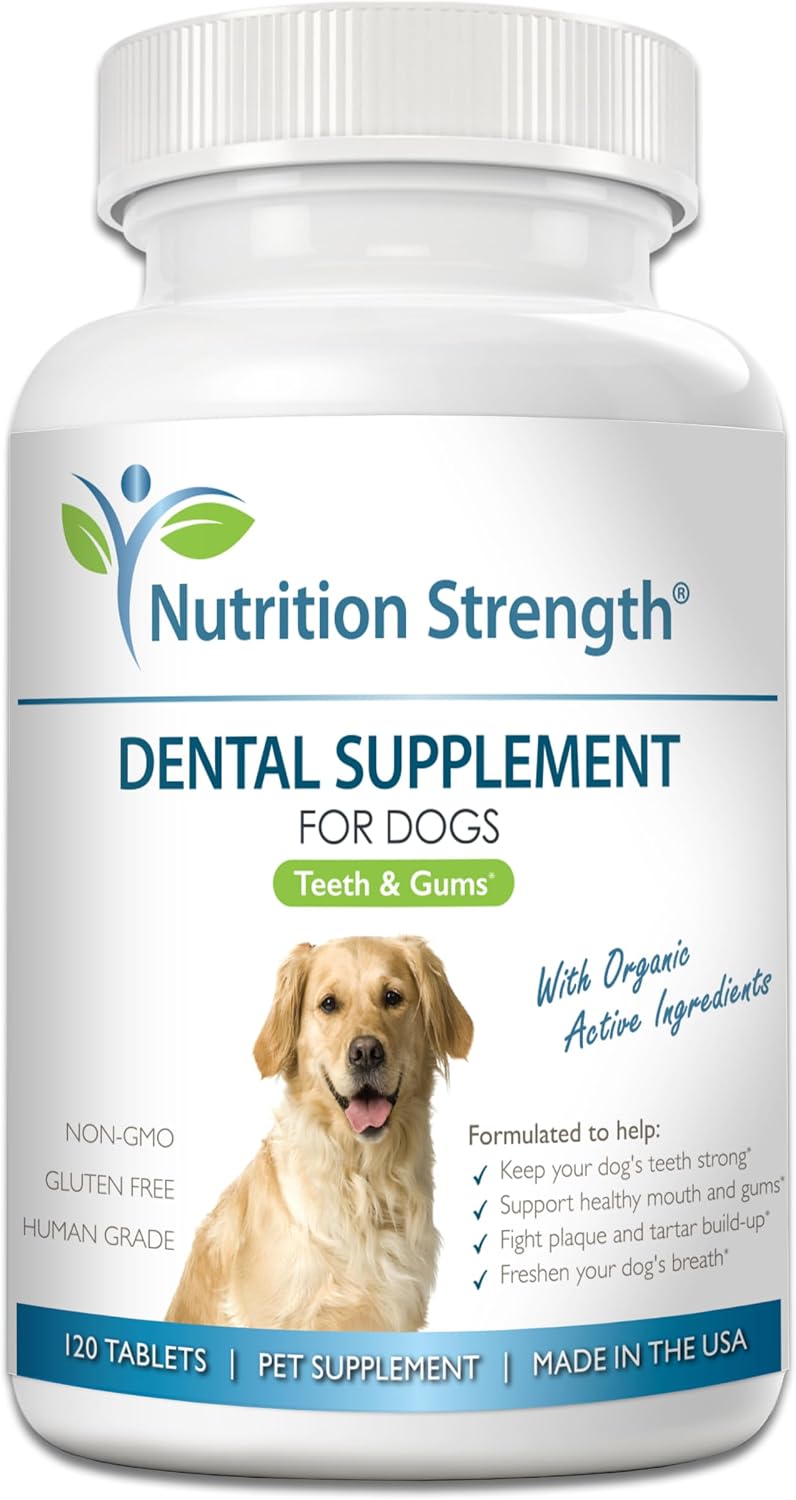 Nutrition Strength Cuidado Dental para Perros - Eliminador Natural de Placa y Sarro con Algas Orgánicas, Hojas de Fresa y Semillas de Calabaza - 120 Comprimidos