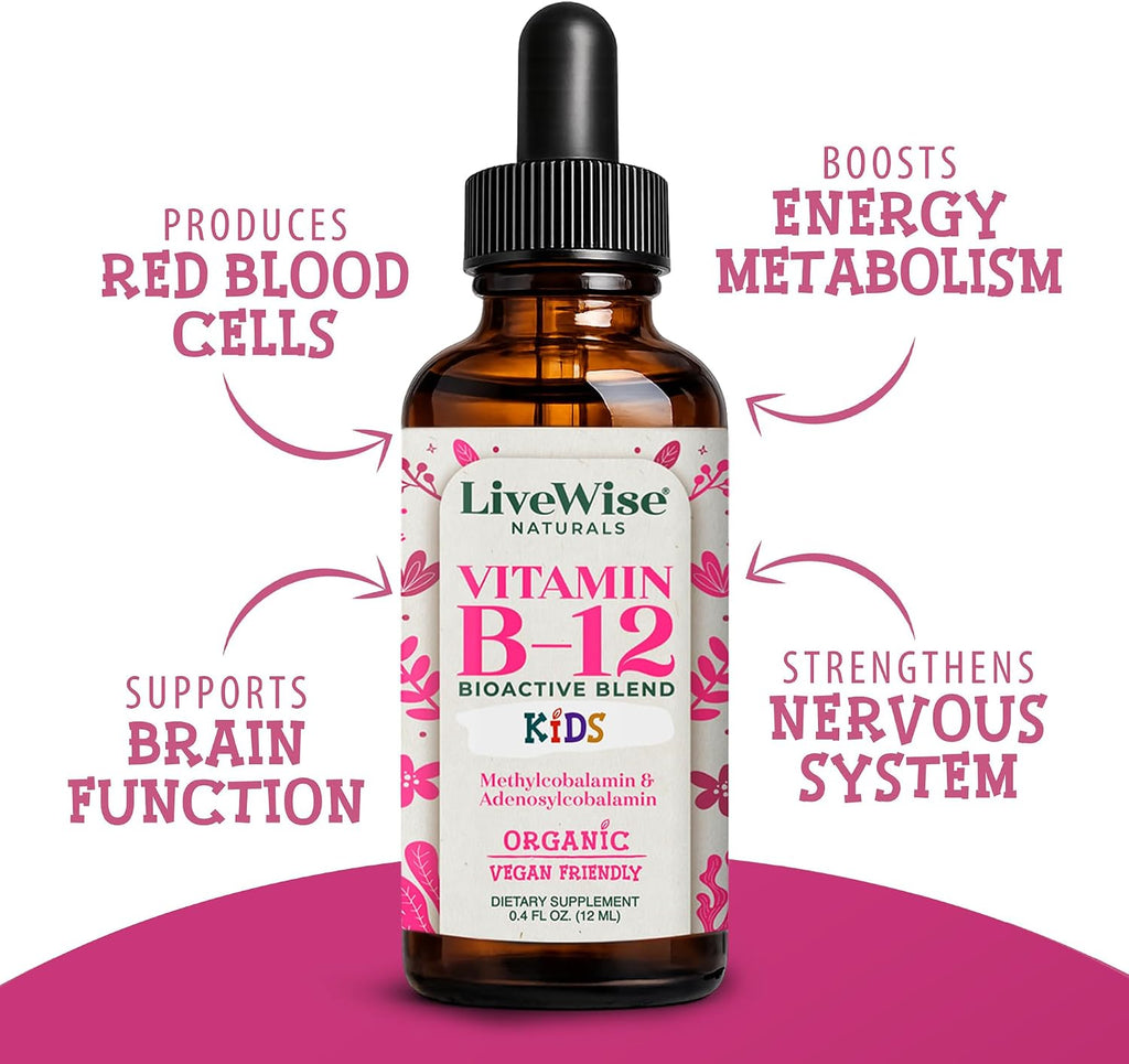 Live Wise Naturals Gotas Líquidas Orgánicas de Vitamina B12 para Niños, 12 ml (0.4 fl oz)