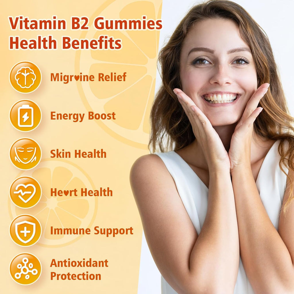 Gominolas de Vitamina B2 400mg - Riboflavina - Pack de 2 - Vegano, Sin Azúcar, Sabor Naranja - 120 Gominolas