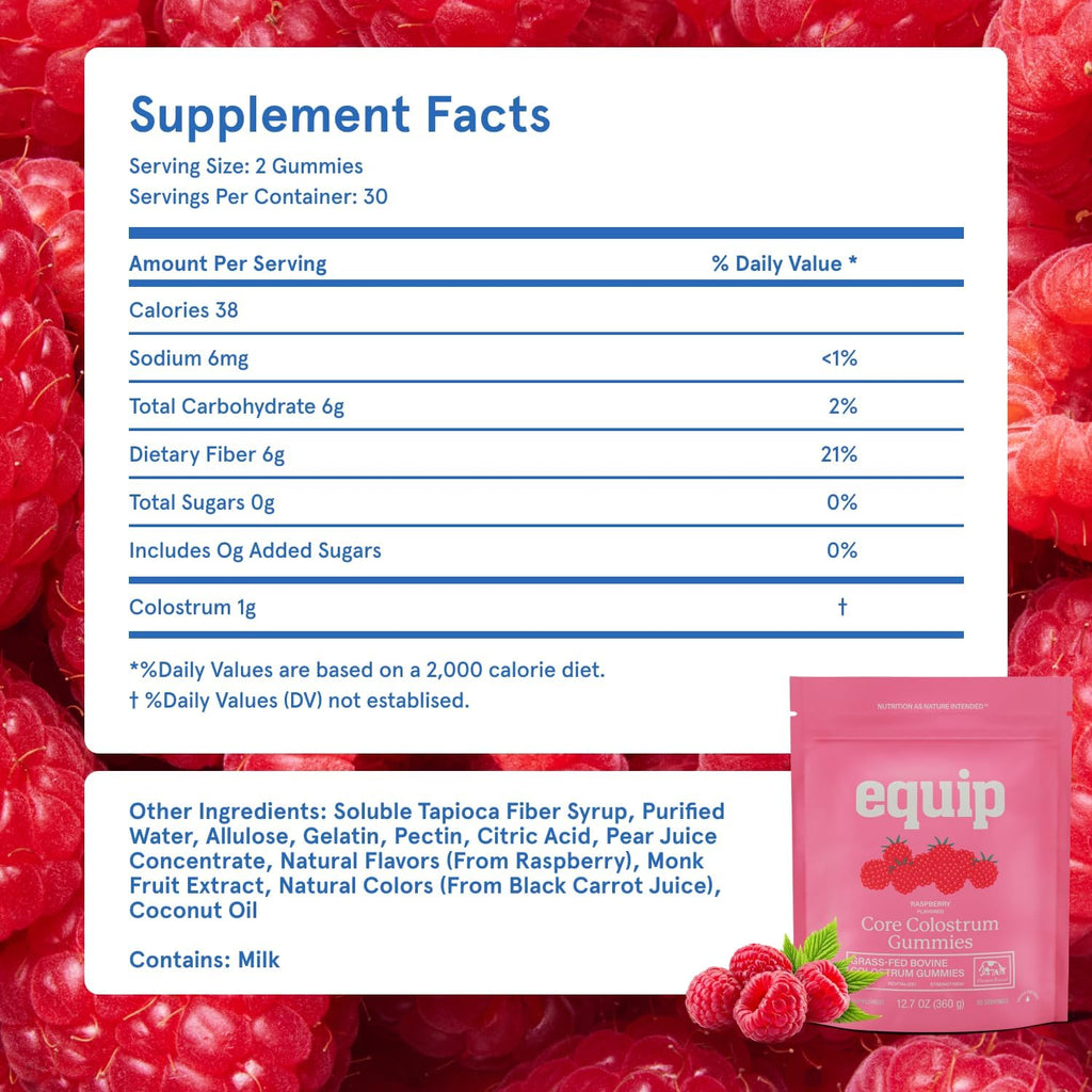 Equip Foods Core Bovine Colostrum Gummies - 60 Gominolas de Calostro Bovino, 1g por Ración, Sabor Frambuesa