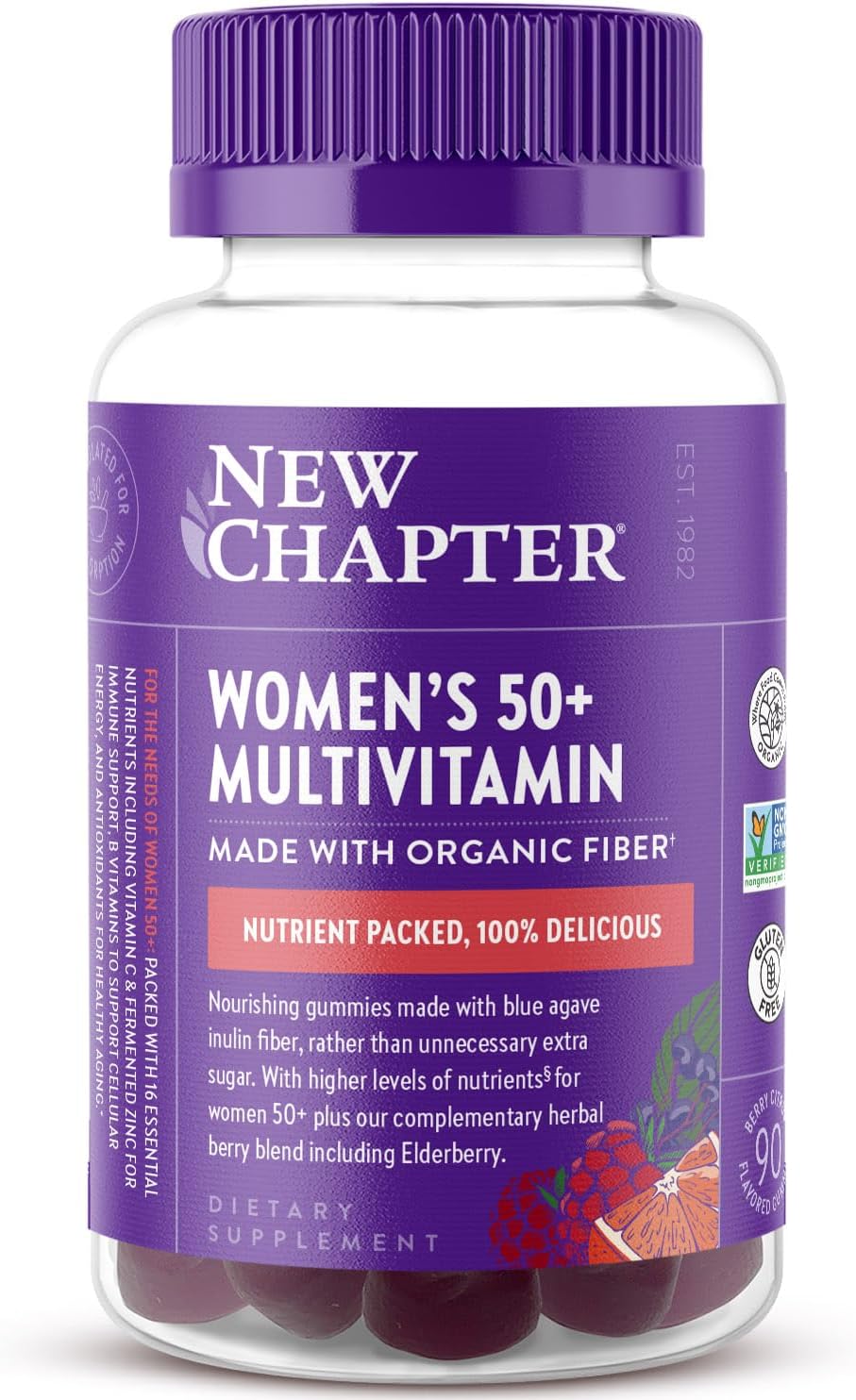 New Chapter Women's 50+ Gominolas Multivitamínicas – 52% Menos Azúcar, Vitaminas para un Envejecimiento Saludable con Vitamina C, Vitaminas B y Zinc, Sin Gluten, Sabor a Bayas y Cítricos, 90 unidades