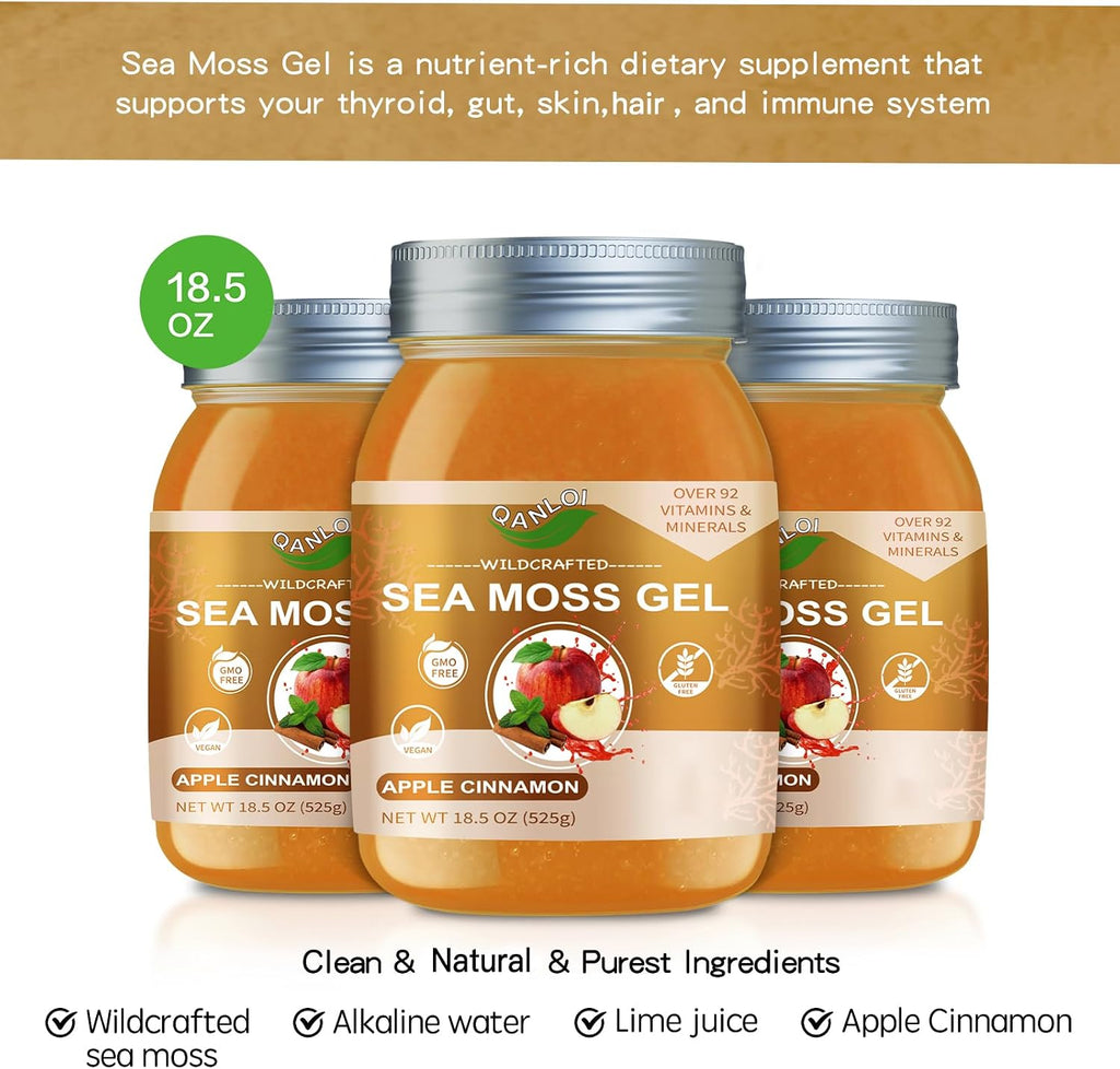 Seamoss Raw Gel con Irish Sea Moss - Suplemento de Musgo Marino - 524g (Sabor Manzana Canela)