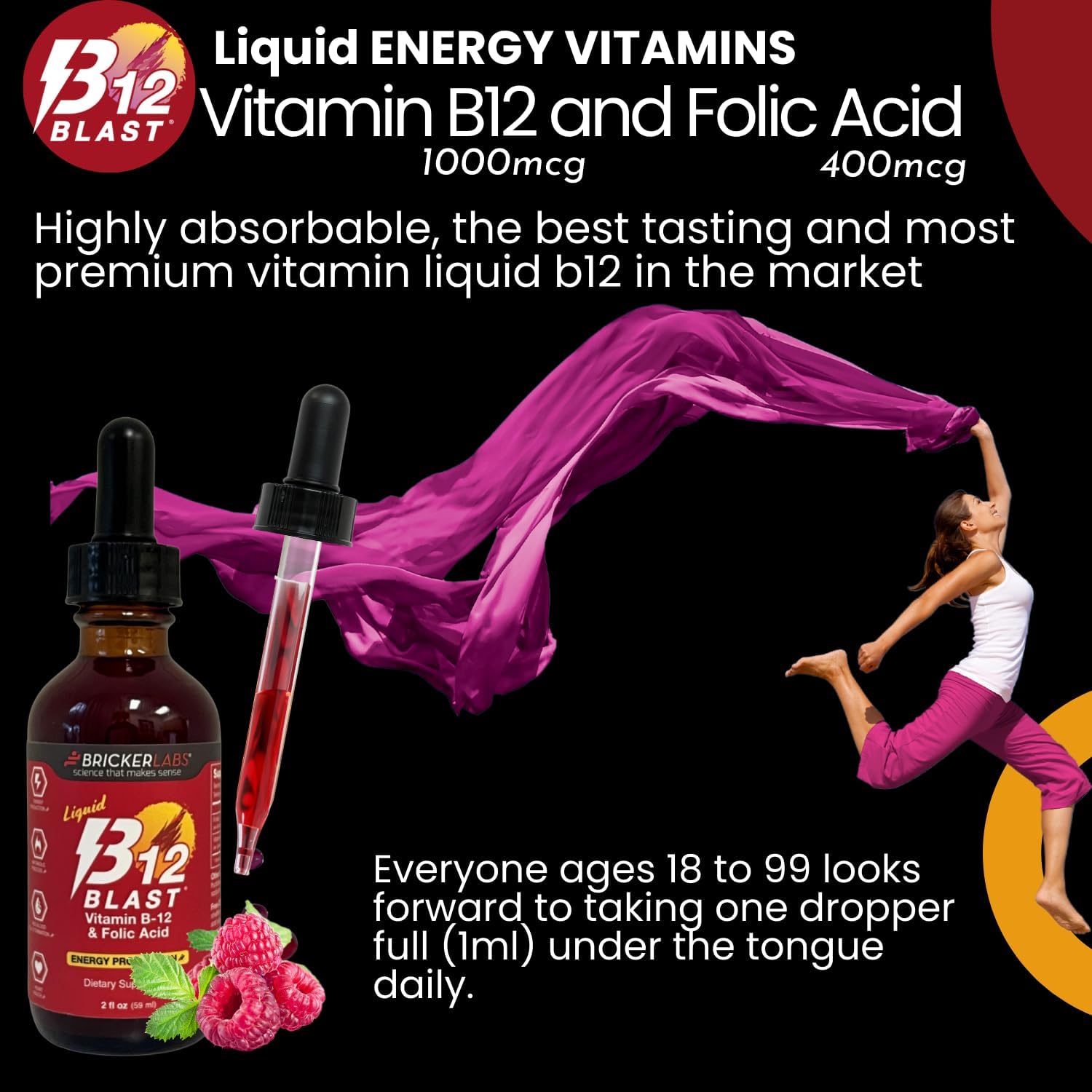 Bricker Labs B-12 Blast Vitamina B12 Líquida con Ácido Fólico, 59 ml