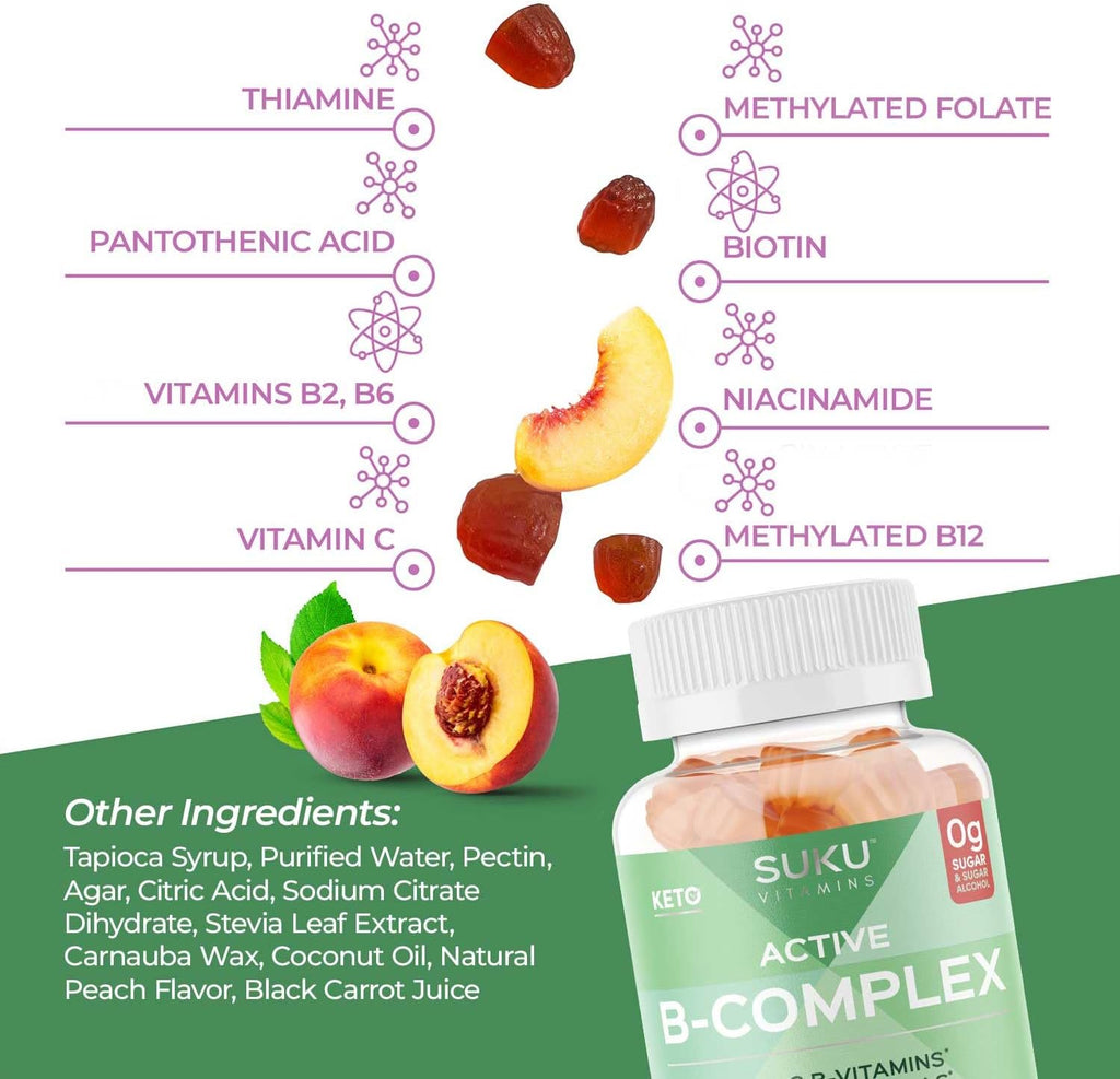 SUKU Gomitas de Complejo B con Vitamina C – Sin Azúcar, Vegano, 8 Vitaminas B, Sabor Melocotón (50 Gomitas)