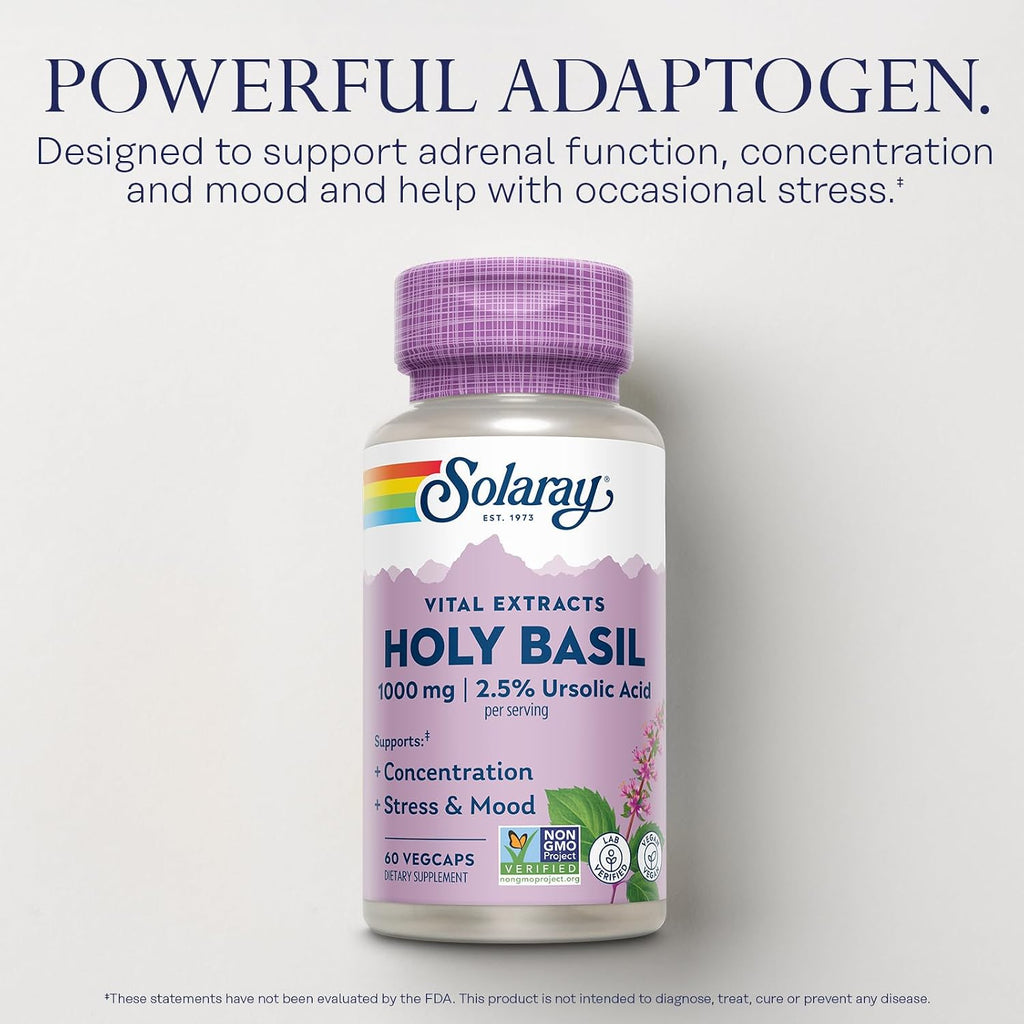 Solaray Albahaca Santa 1000 mg - Tulsi Adaptogeno con Ácido Ursólico - Suplemento Vegano