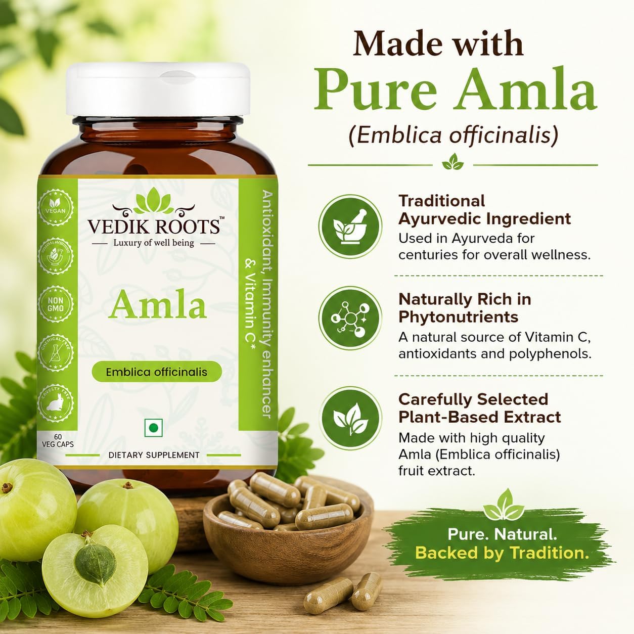 VEDIKROOTS Amla Capsules 100% Orgánico - Potenciador de Inmunidad Natural con Vitamina C (60 Cápsulas)
