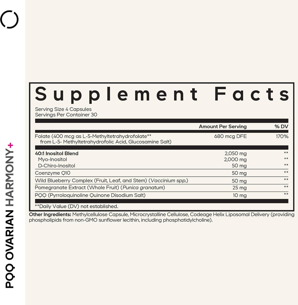 Codeage PQQ Ovarian Harmony+ - Suplemento con PQQ, Myo-Inositol & D-Chiro-Inositol 40:1, Folato 5-MTHF, CoQ10, Arándano Silvestre - Envío Liposomal - No-GMO - 120 Cápsulas