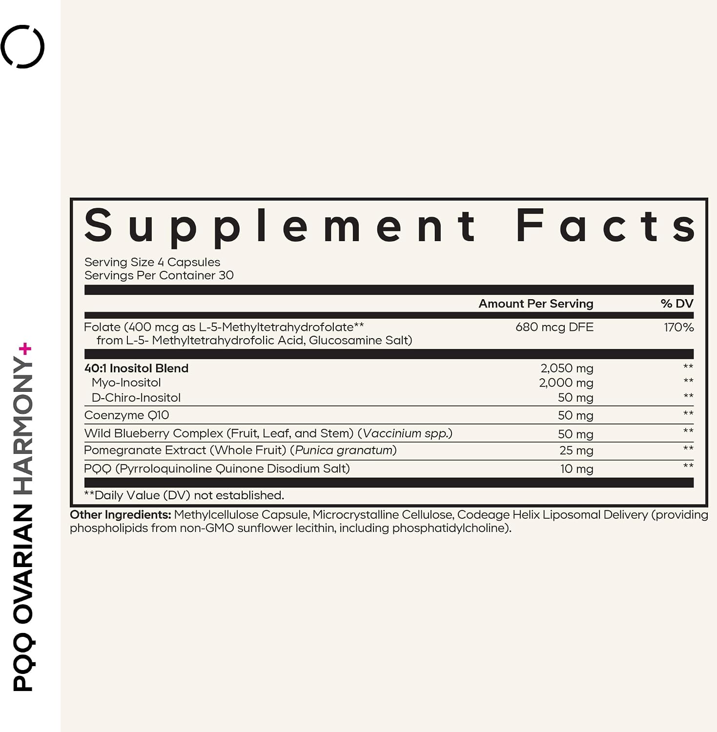 Codeage PQQ Ovarian Harmony+ - Suplemento con PQQ, Myo-Inositol & D-Chiro-Inositol 40:1, Folato 5-MTHF, CoQ10, Arándano Silvestre - Envío Liposomal - No-GMO - 120 Cápsulas