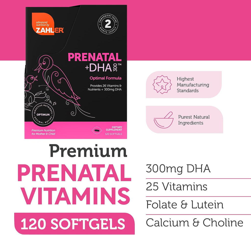Zahler Prenatal +DHA 300 - Vitaminas prenatales con folato metilado y DHA - 120 cápsulas blandas