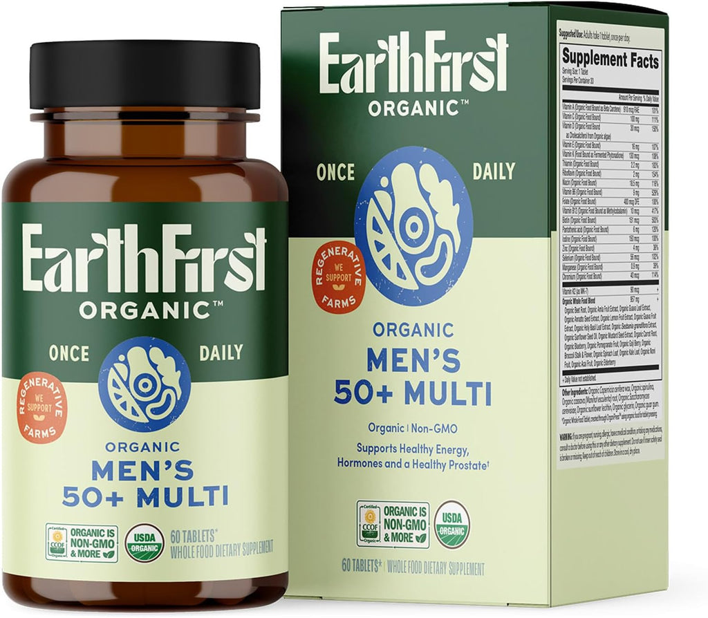 EarthFirst Organic Multivitamínico Diario para Hombres 50+ - 19 Vitaminas de Hierbas y Superalimentos, Apoya la Salud Prostática, Energía y Huesos Fuertes - 60 Comprimidos