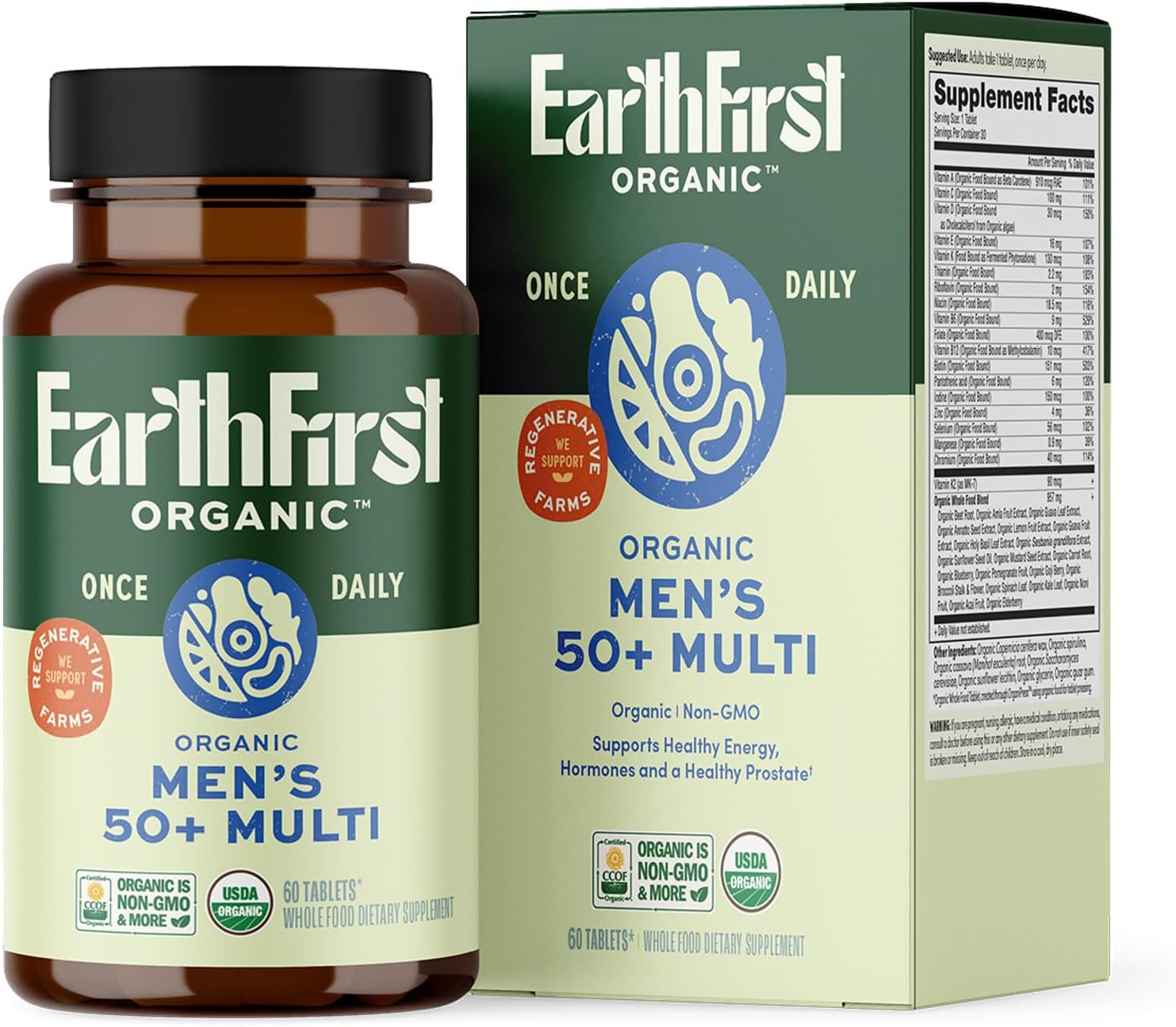 EarthFirst Organic Multivitamínico Diario para Hombres 50+ - 19 Vitaminas de Hierbas y Superalimentos, Apoya la Salud Prostática, Energía y Huesos Fuertes - 60 Comprimidos