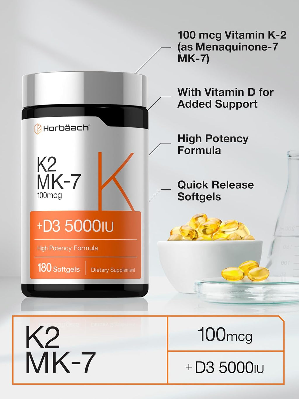 Horbäach Vitamina D3 + K2, 5000 UI y 100 mcg MK-7, 180 Cápsulas Blandas