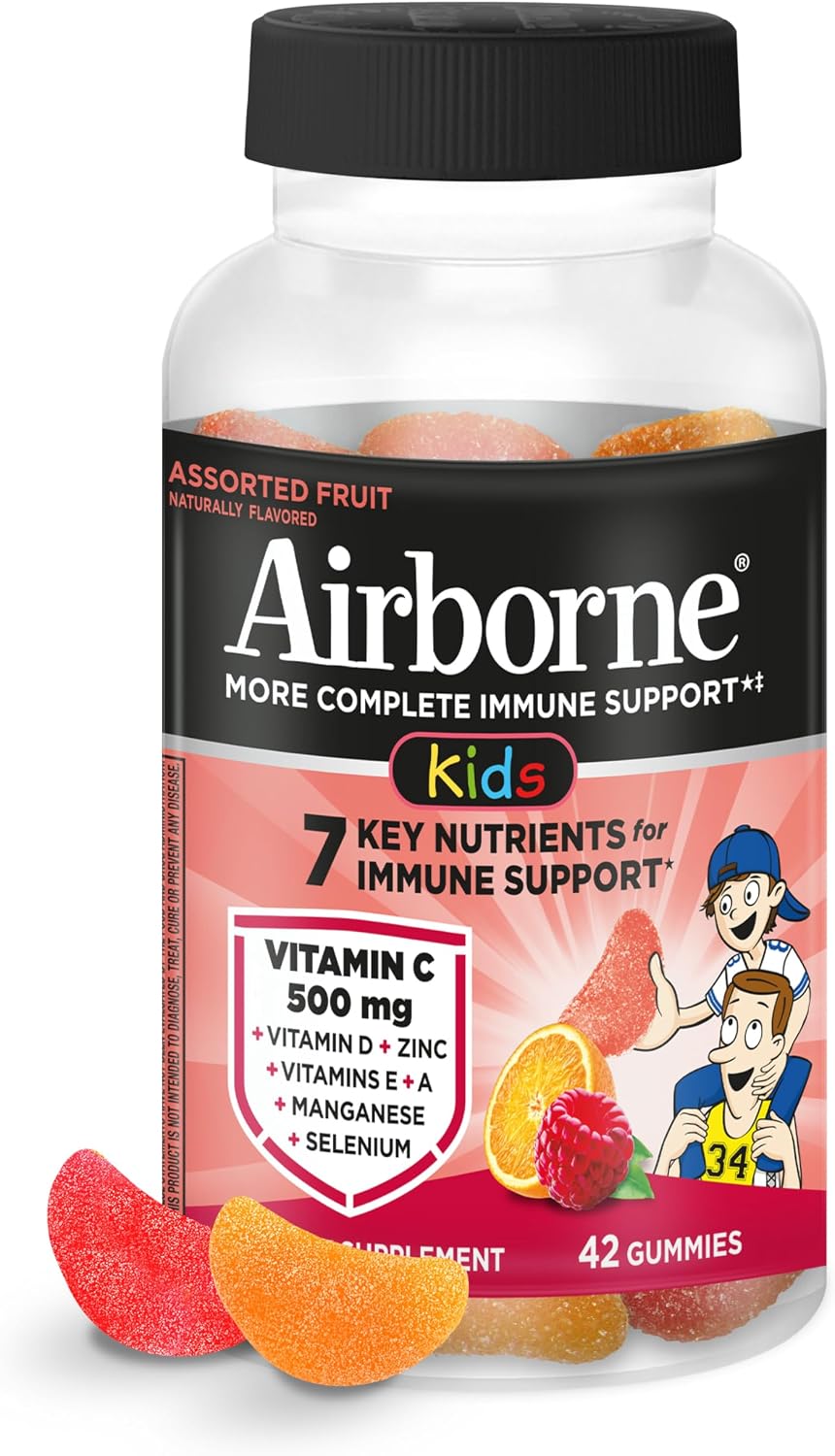 Airborne Kids Immune Support Gummies, Sabor Frutas Variadas, 42 unidades - 500 mg de Vitamina C + Vitaminas A, D, E + Zinc, Selenio, Manganeso | Mezcla de Hierbas | Sabor Natural