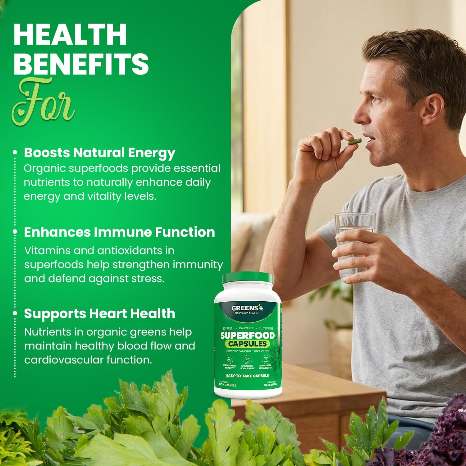 Greens+ Cápsulas de Superalimentos Orgánicos - Espirulina y Clorela Orgánicas con Alfalfa y Pasto de Trigo - 240 Cápsulas
