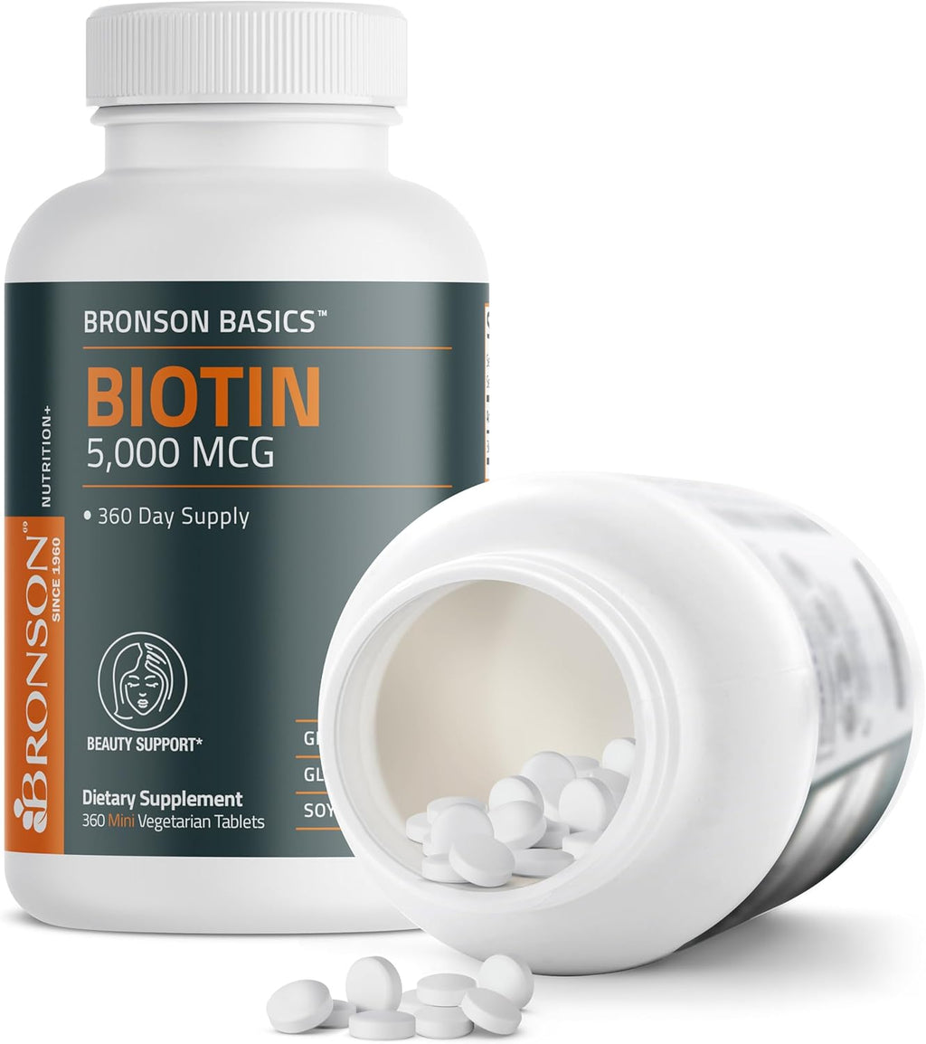 Bronson Biotina 5000 mcg - 360 Comprimidos Vegetarianos - Apoyo para Cabello, Piel y Uñas