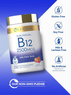 Carlyle Vitamina B12 Sublingual 2500 mcg + Ácido Fólico - 250 Comprimidos de Disolución Rápida Sabor Berry - Vegano, No-GMO, Sin Gluten