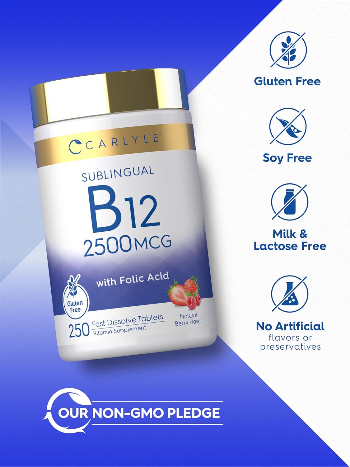 Carlyle Vitamina B12 Sublingual 2500 mcg + Ácido Fólico - 250 Comprimidos de Disolución Rápida Sabor Berry - Vegano, No-GMO, Sin Gluten