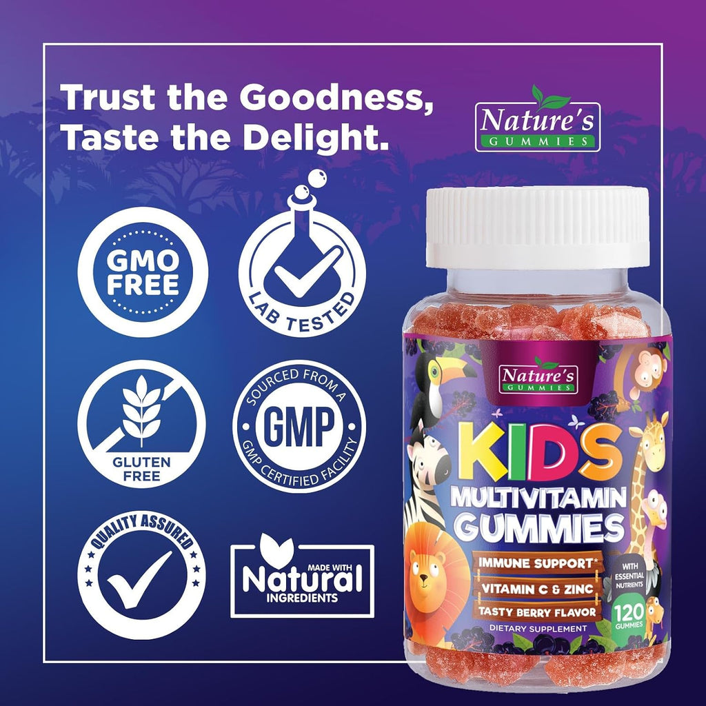 Multivitamínico para niños - Gomitas multivitamínicas diarias con vitamina D, vitaminas B, zinc y más - Apoyo a la energía, memoria y sistema inmunitario - Sabor bayas natural - 120 gomitas