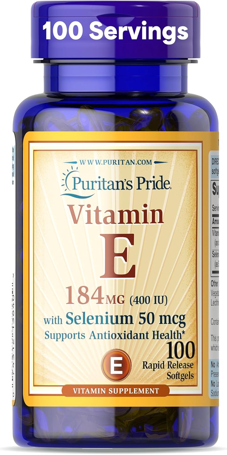 Puritan's Pride Vitamina E 184 mg (400 UI) con Selenio 50 mcg, 100 Cápsulas Blandas de Liberación Rápida