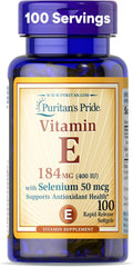 Puritan's Pride Vitamina E 184 mg (400 UI) con Selenio 50 mcg, 100 Cápsulas Blandas de Liberación Rápida