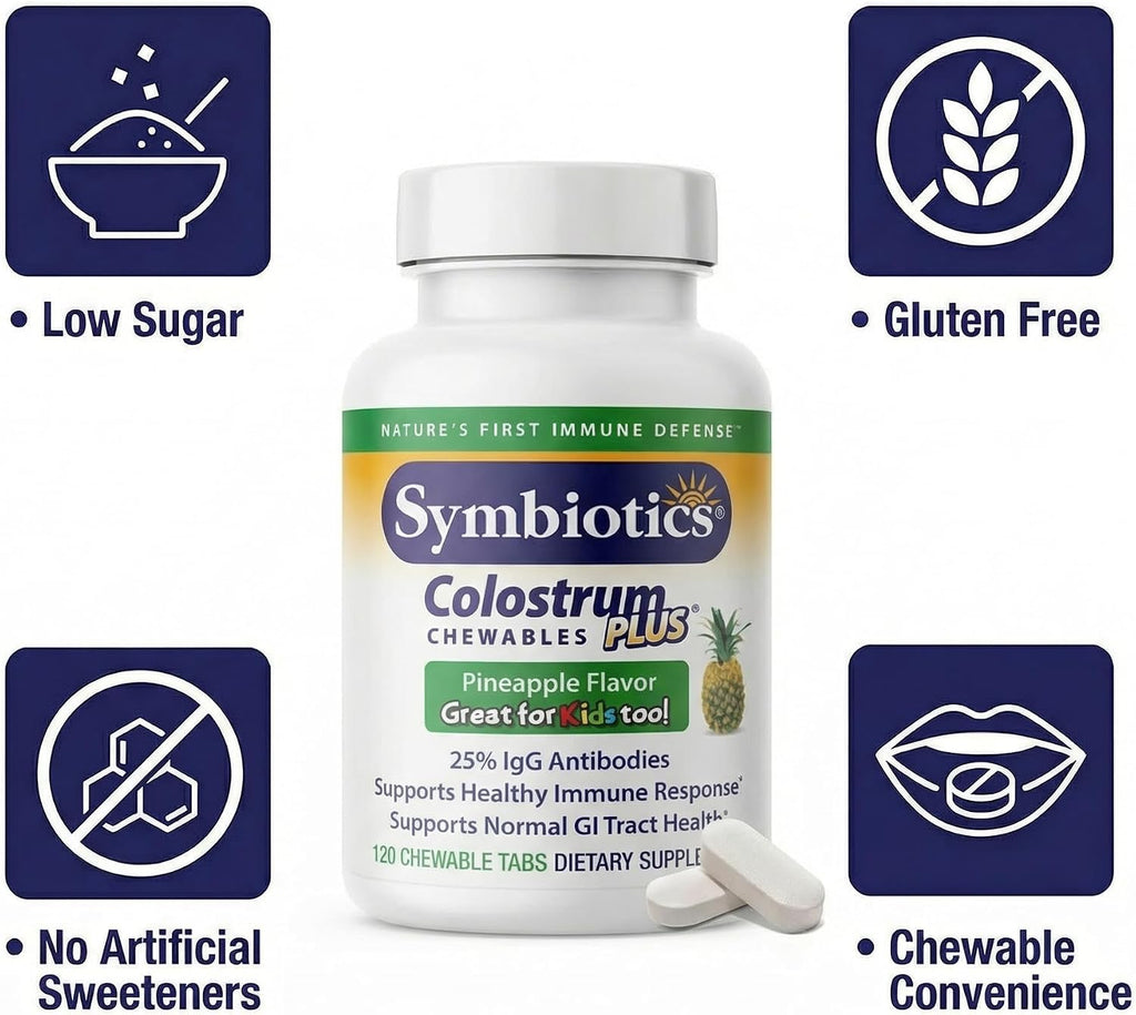 Symbiotics Naturade Calostro Masticable – Apoyo Inmunitario y Digestivo con Lactoferrina, Sin Gluten, Bajo en Azúcar (120 Comprimidos, Sabor Piña)