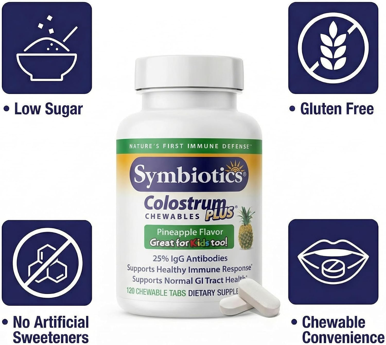 Symbiotics Naturade Calostro Masticable – Apoyo Inmunitario y Digestivo con Lactoferrina, Sin Gluten, Bajo en Azúcar (120 Comprimidos, Sabor Piña)