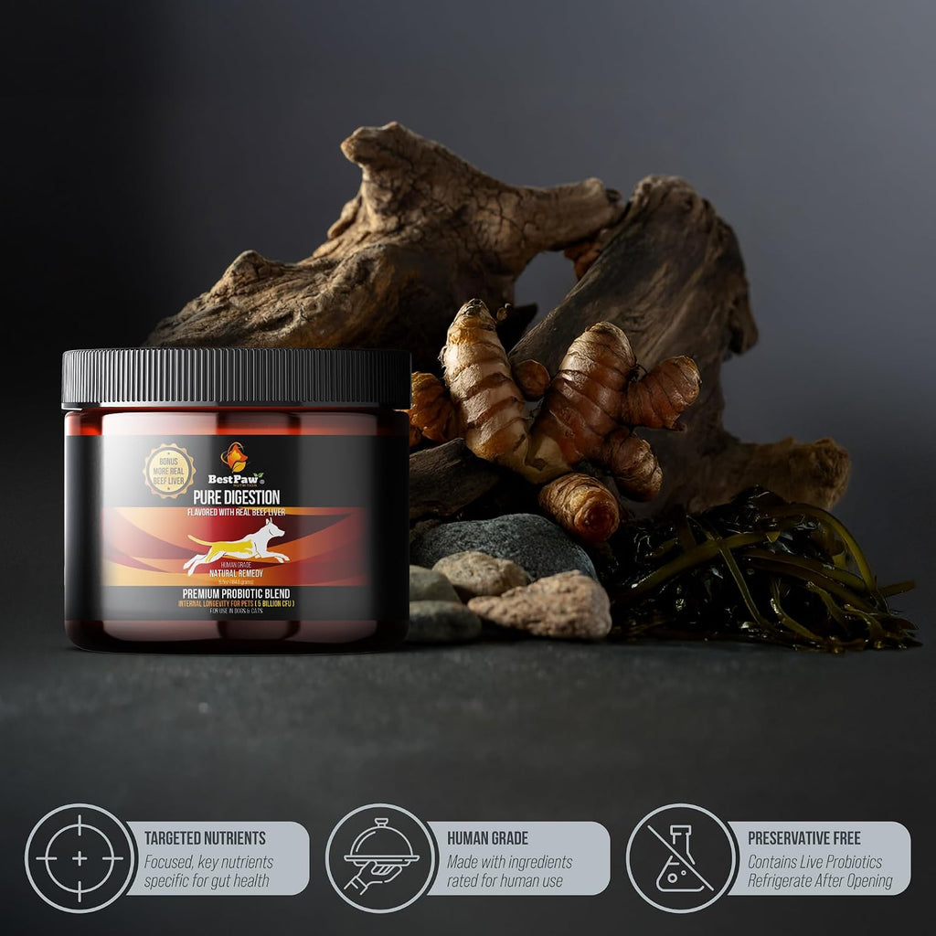 Best Paw Nutrition Probióticos para Perros con Enzimas Digestivas y Probióticos - Polvo Sabor Hígado de Res - 184g