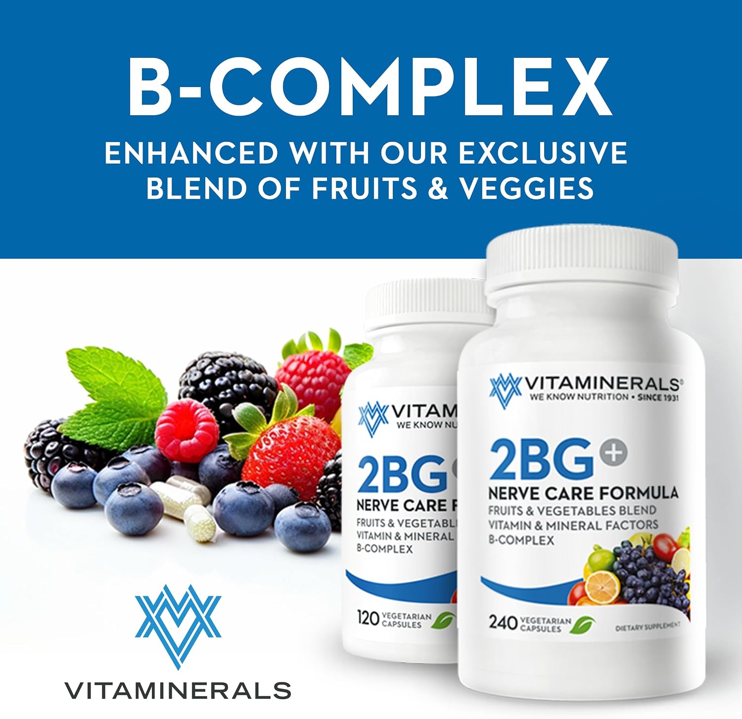 Vitaminerals 2BG+ B Complex Immune Support High Potency B Complex con Mezcla de Frutas y Verduras - 120 Cápsulas Vegetales