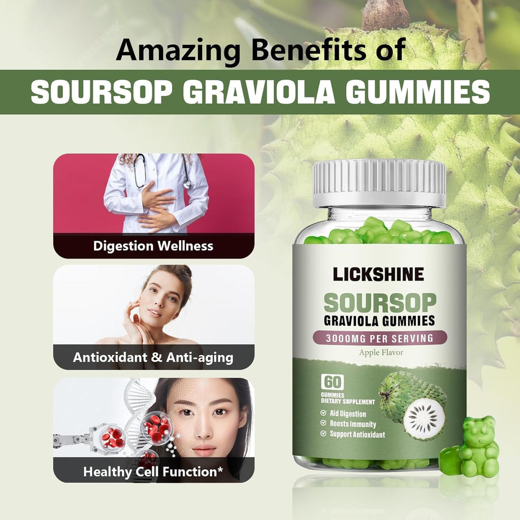 lickshine 2 Pack Gominolas de Graviola - 3000mg Extra Fuerte con Vitamina C y Zinc - Apoyo Digestivo e Inmunitario - Sin Azúcar, No GMO, Vegano, 120 unidades