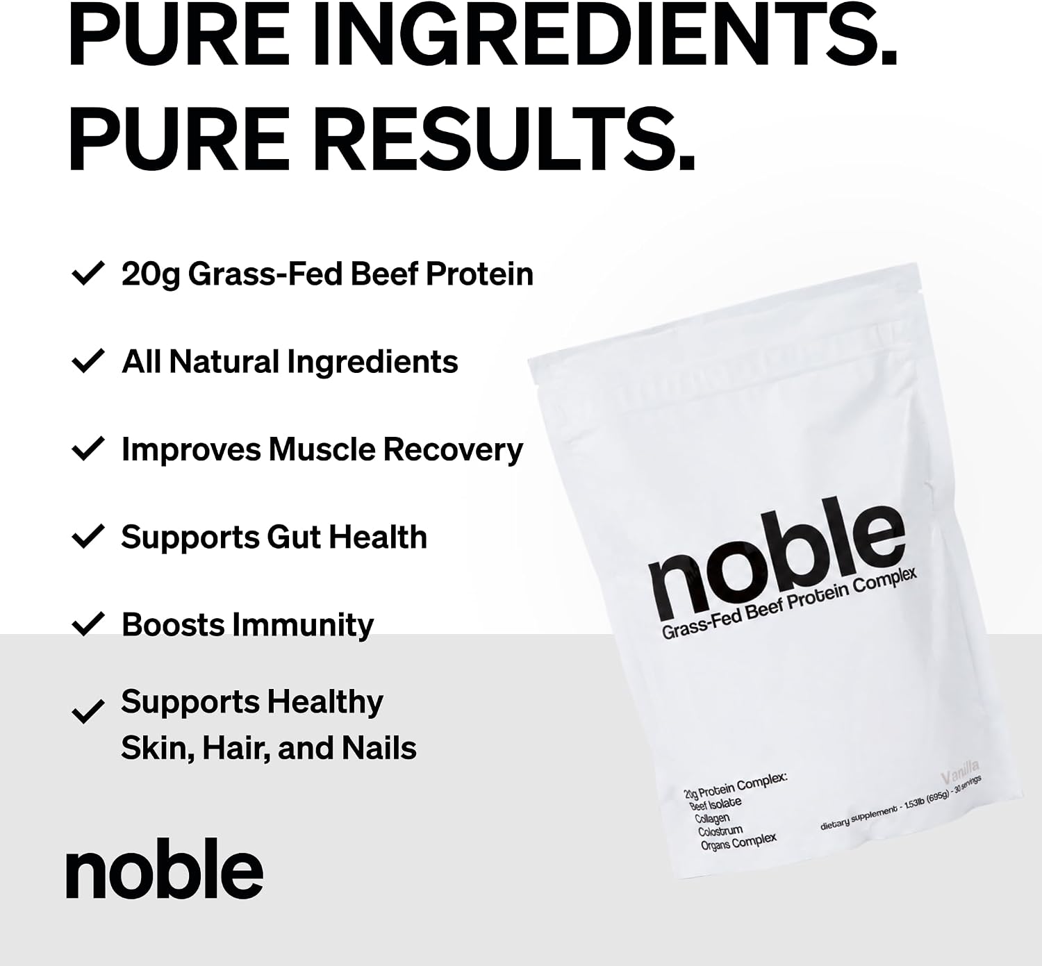 Noble Grass Fed Beef Protein Powder - Proteína de res con colágeno, calostro y órganos - Sabor Vainilla - 30 porciones