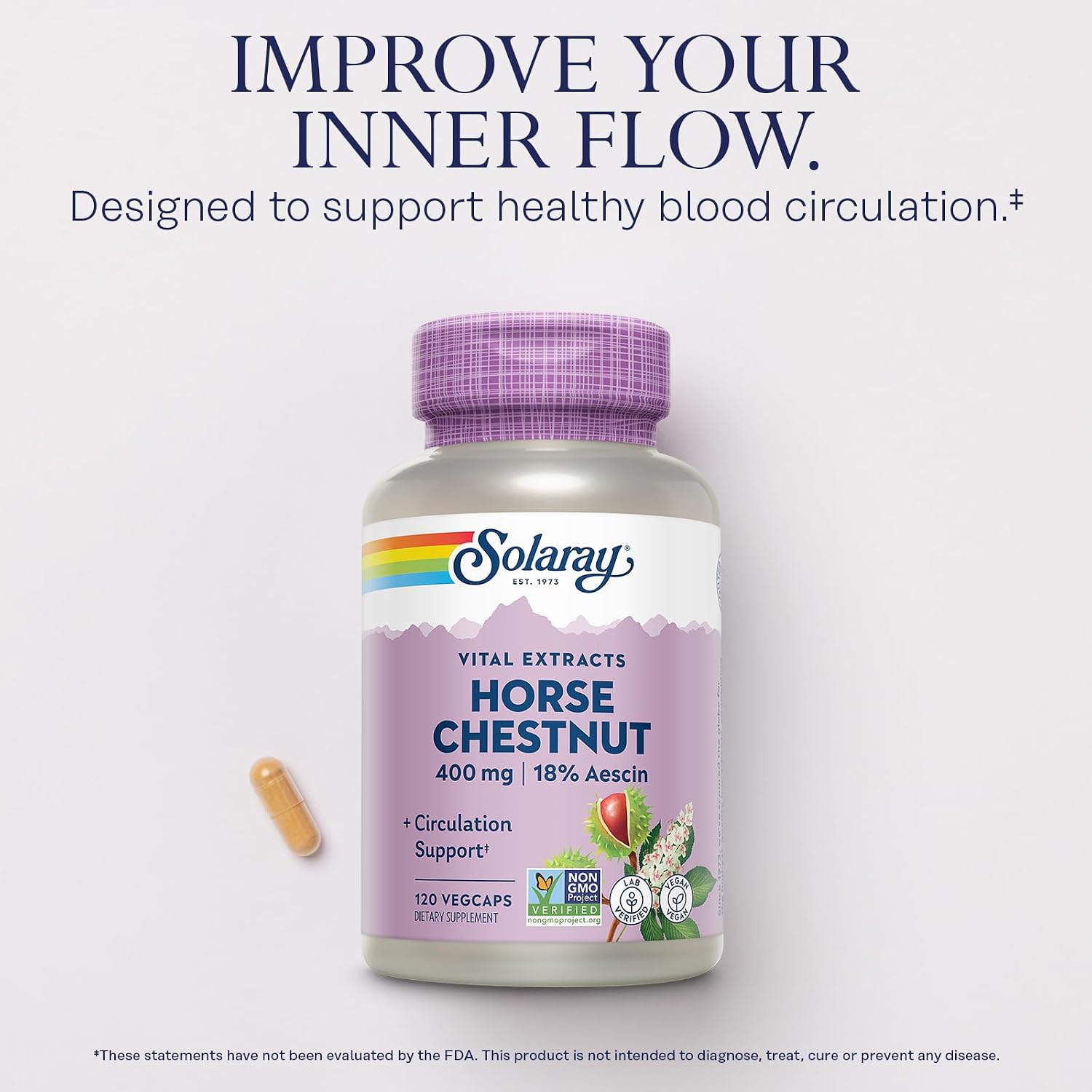 Solaray Extracto de Castaño de Indias 400 mg - Estandarizado a 72 mg de Escina - con Rusco - Complemento Alimenticio Vegano - 120 Cápsulas