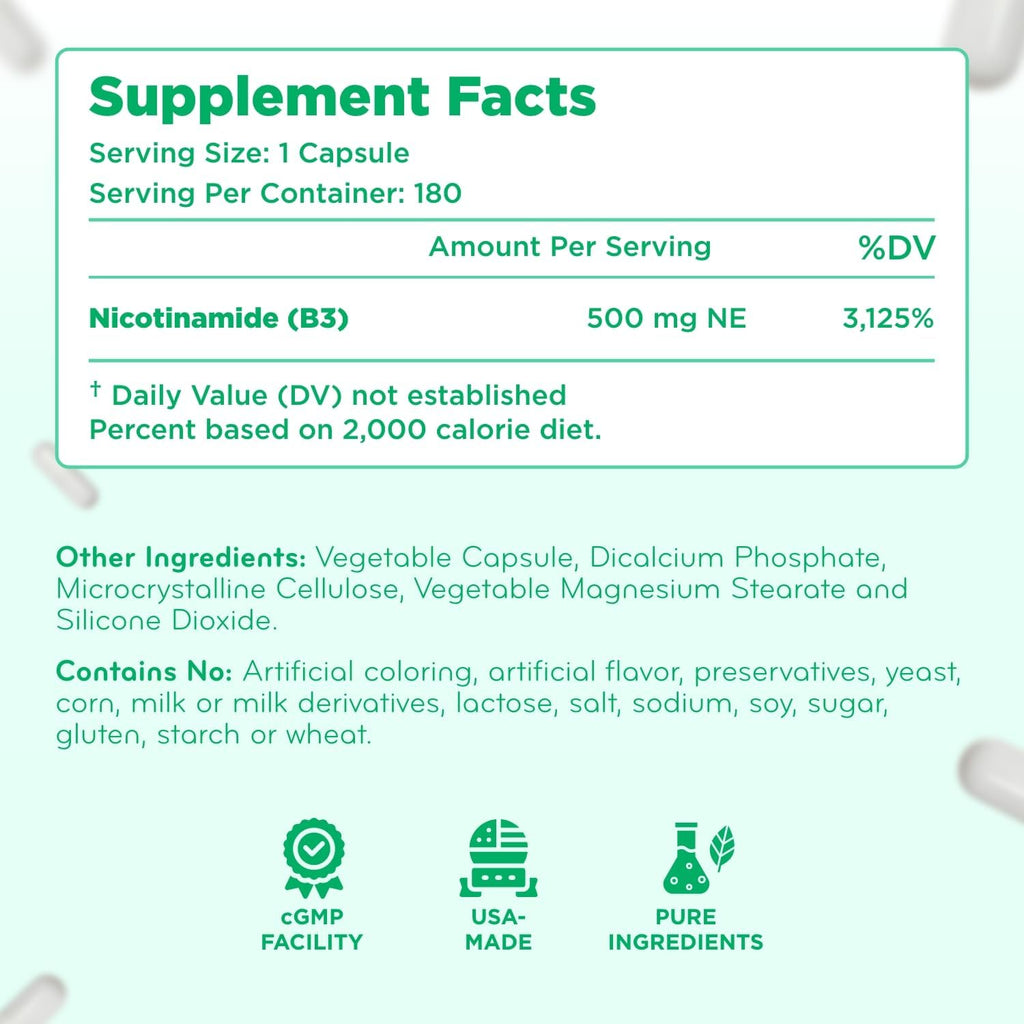 Vitamina B3 Nicotinamida 500 mg - Alta Absorción Sin Enrojecimiento - Precursor NAD+ - 360 Cápsulas