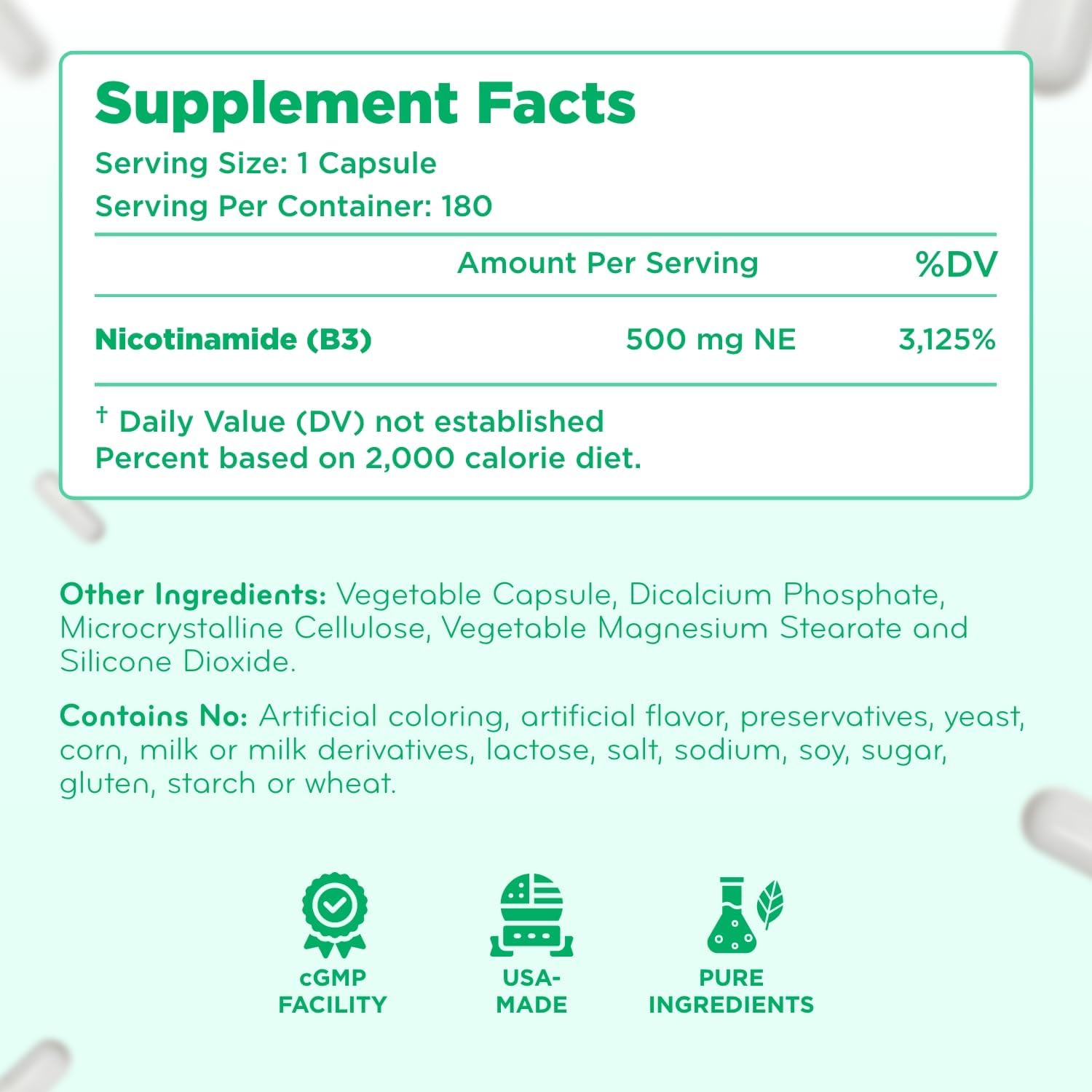 Vitamina B3 Nicotinamida 500 mg - Alta Absorción Sin Enrojecimiento - Precursor NAD+ - 360 Cápsulas