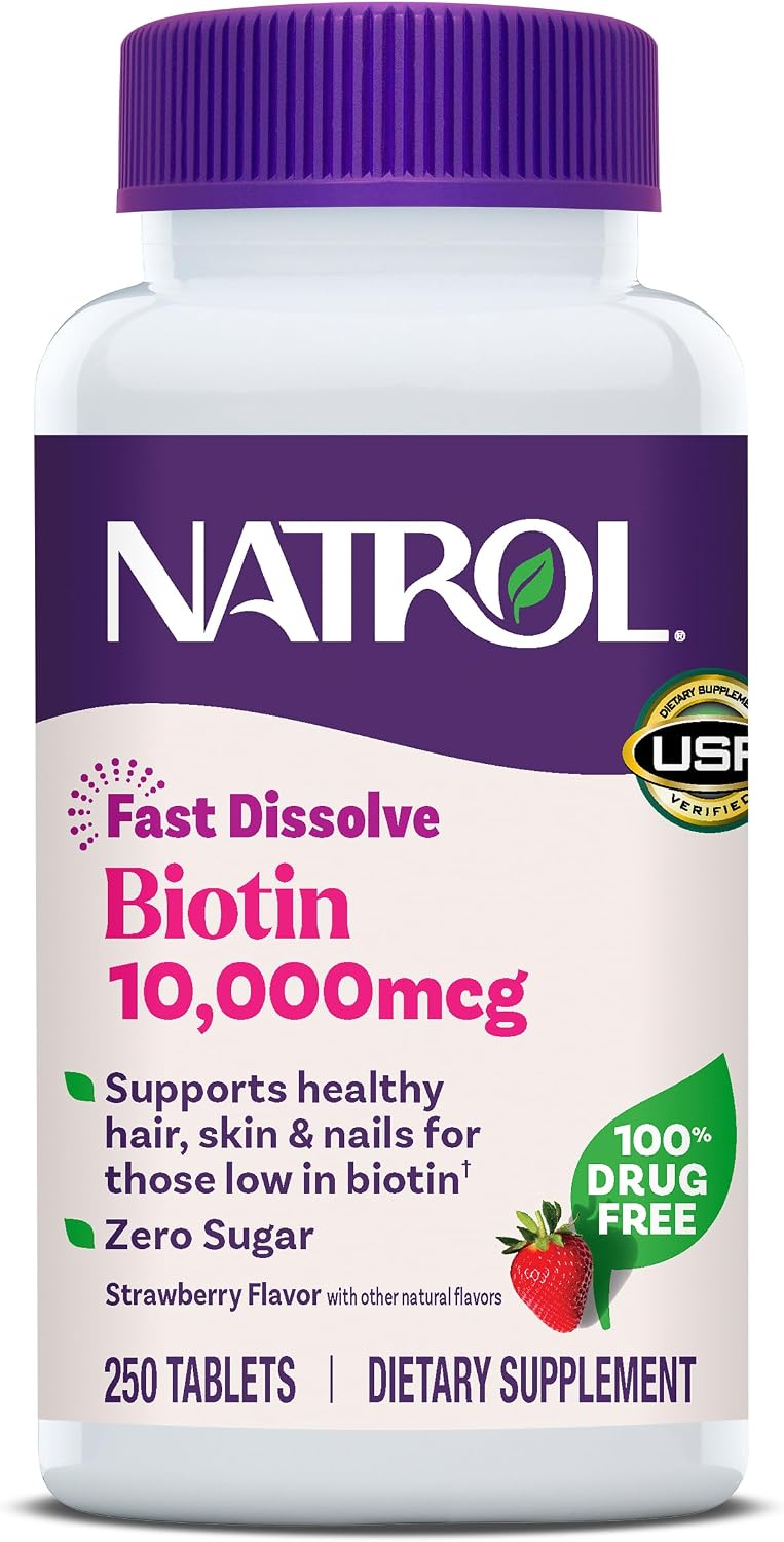 Natrol Biotin 10.000 mcg Comprimidos de Disolución Rápida, Sabor Fresa, 250 Unidades