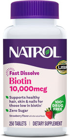 Natrol Biotin 10.000 mcg Comprimidos de Disolución Rápida, Sabor Fresa, 250 Unidades