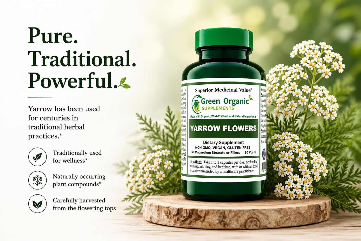 Yarrow Flower (Milenrama), 90 Cápsulas Vegetales, No OGM, Sin Gluten