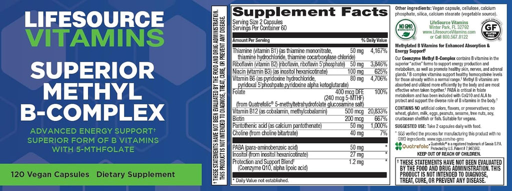 LifeSource Vitamins - Complejo B Metilado Superior - 120 Cápsulas
