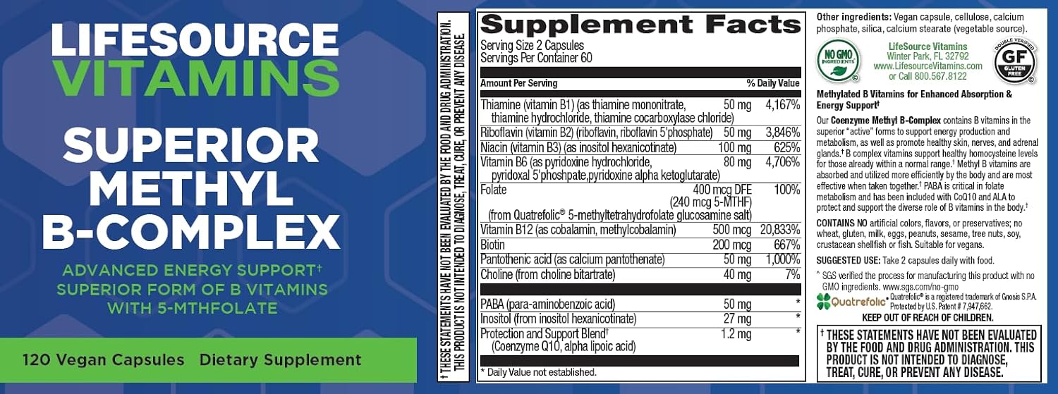 LifeSource Vitamins - Complejo B Metilado Superior - 120 Cápsulas