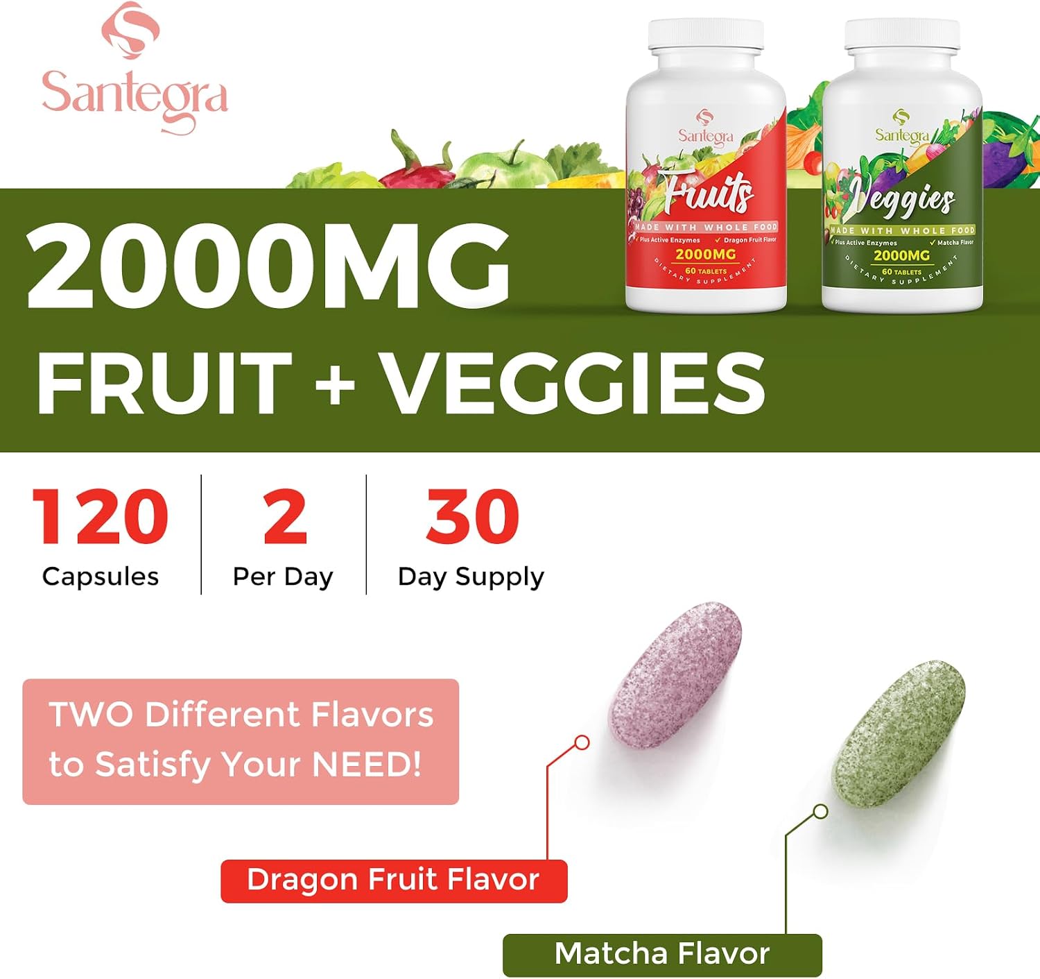 Santegra 2000 MG Fruit and Veggies Supplement, 35+ Fruits and Vegetables, 120 Tablets