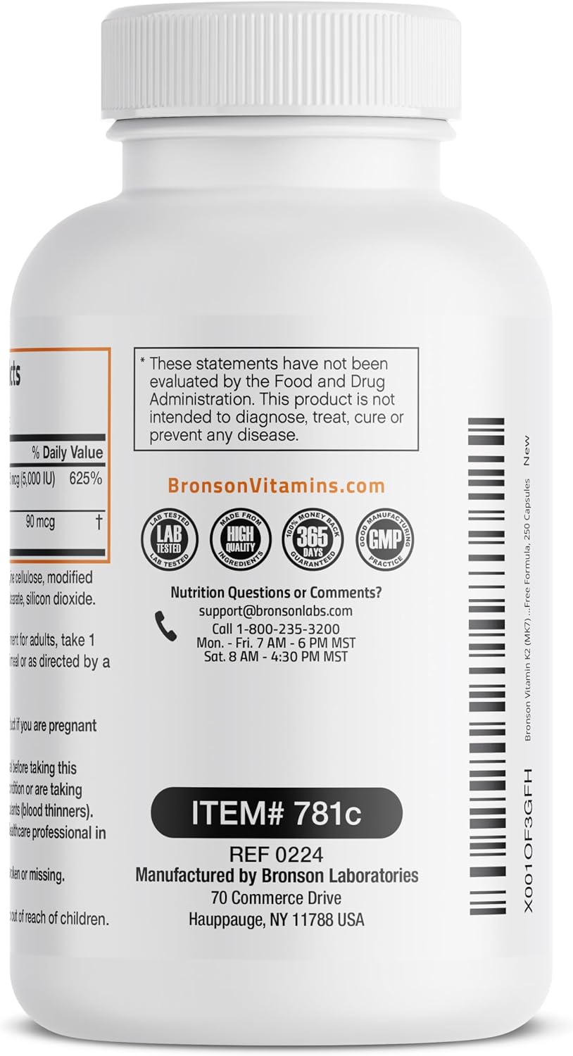 Bronson Vitamina K2 D3 (MK-7) Complejo 2 en 1, 250 cápsulas