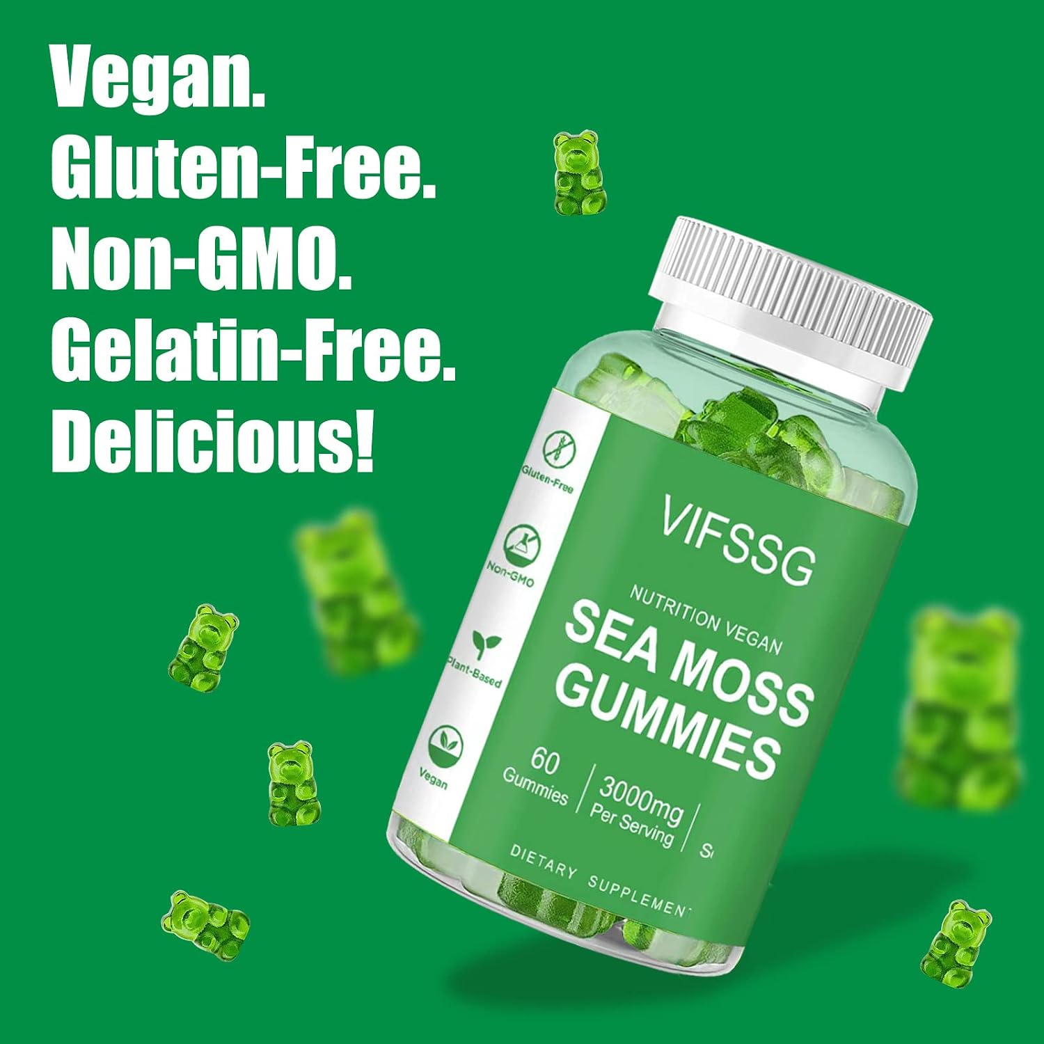 VIFSSG Sea Moss Gummies 3000mg - Gominolas de Musgo Marino con Bladderwrack y Bardana - 60 Gomitas Veganas