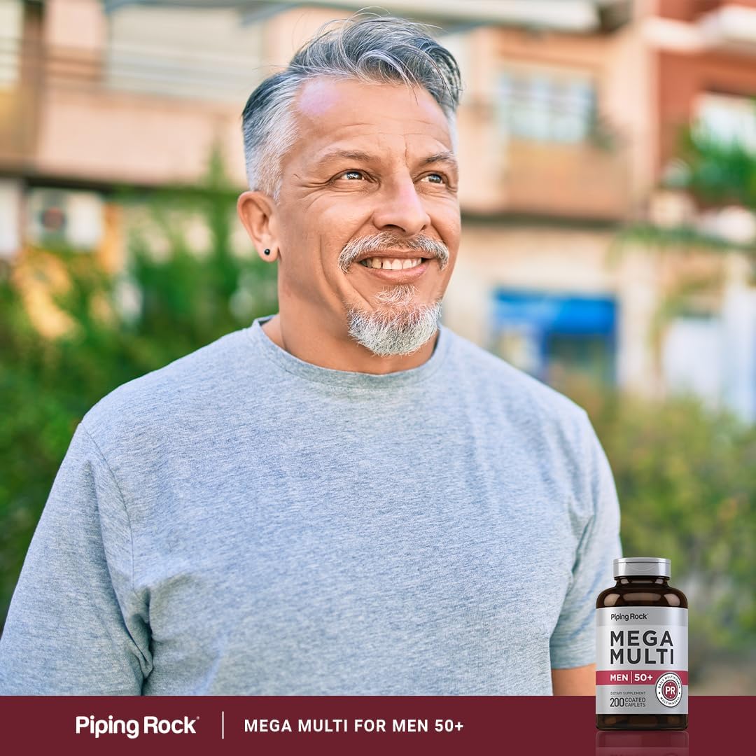 Piping Rock Multivitamínico para Hombres 50+ | 200 Comprimidos | Magnesio, Calcio, Zinc | No-GMO, Sin Gluten