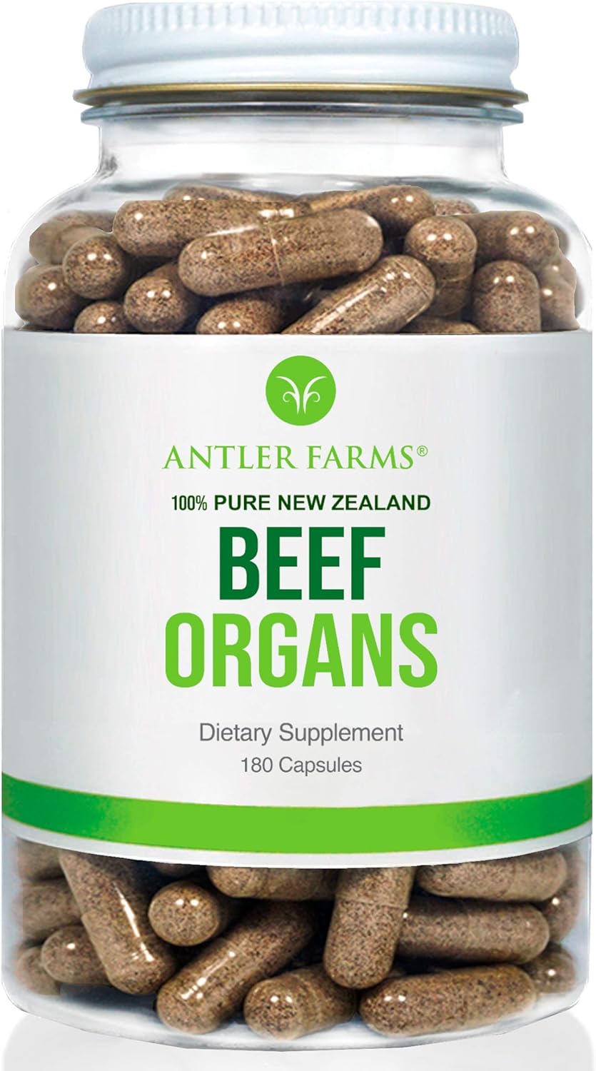 Antler Farms - Órganos de Ternera 100% Puros de Nueva Zelanda - Corazón, Hígado, Riñón, 180 Cápsulas, 400mg - Alimentados con Pasto, Procesado en Frío, Sin rBGH ni Rellenos