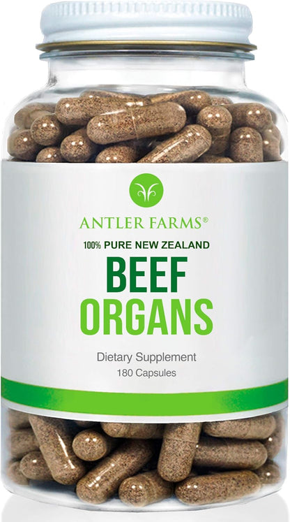 Antler Farms - Órganos de Ternera 100% Puros de Nueva Zelanda - Corazón, Hígado, Riñón, 180 Cápsulas, 400mg - Alimentados – Image 1