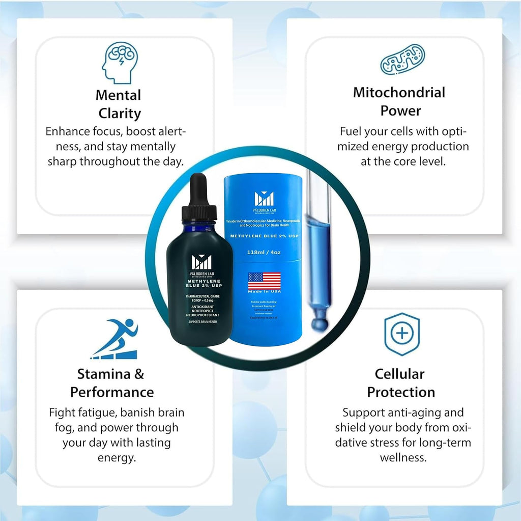 Valboren Labs Azul de Metileno 2% Grado Farmacéutico - Libre de Formaldehído y Alcohol - Suplemento Alimenticio - 118 ml
