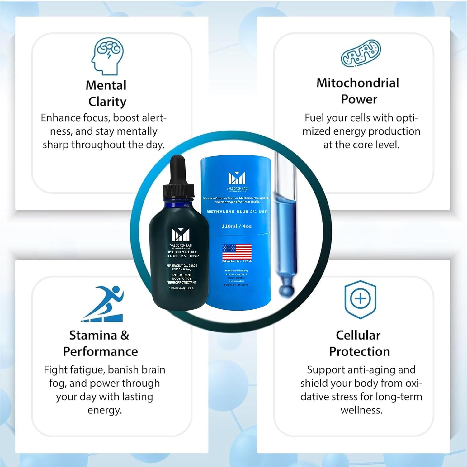 Valboren Labs Azul de Metileno 2% Grado Farmacéutico - Libre de Formaldehído y Alcohol - Suplemento Alimenticio - 118 ml