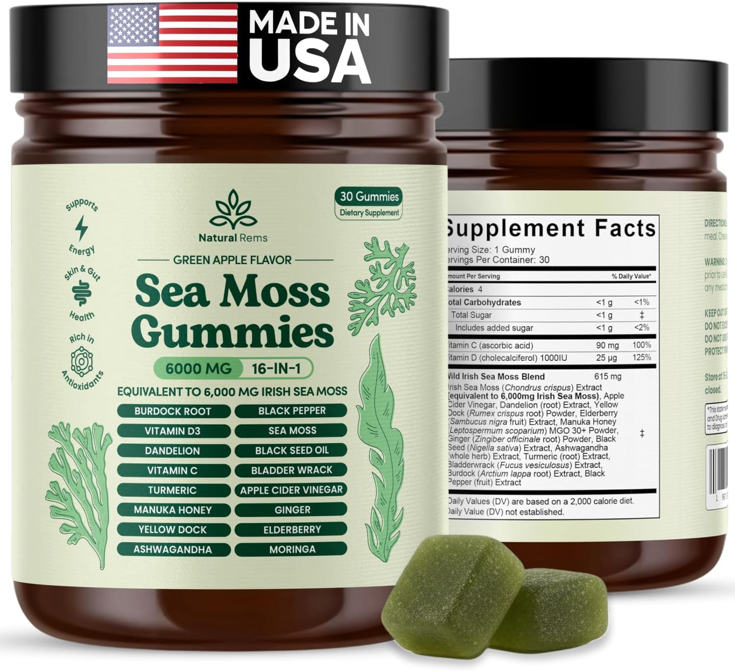 Natural Rems Sea Moss Gummies 16-in-1 - Ashwagandha Black Seed Oil Bladder Wrack Turmeric Vitamin C & D3 with Manuka Burdock Root Dandelion Yellow Dock Elderberry Apple Cider Vinegar (Green Apple)