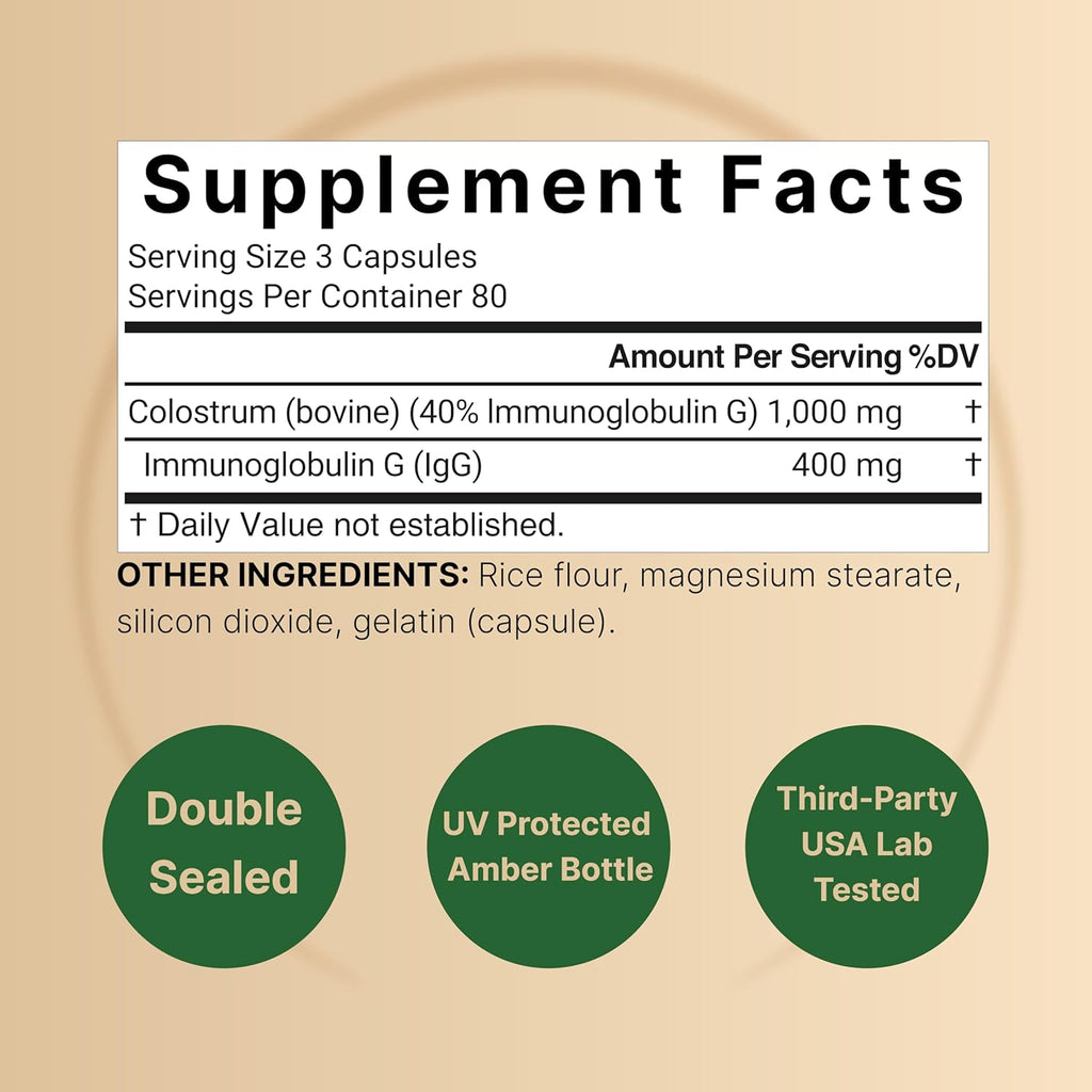 NatureBell Calostro Bovino 1000mg por Dosis, 240 Cápsulas | 40% IgG - Sin OGM