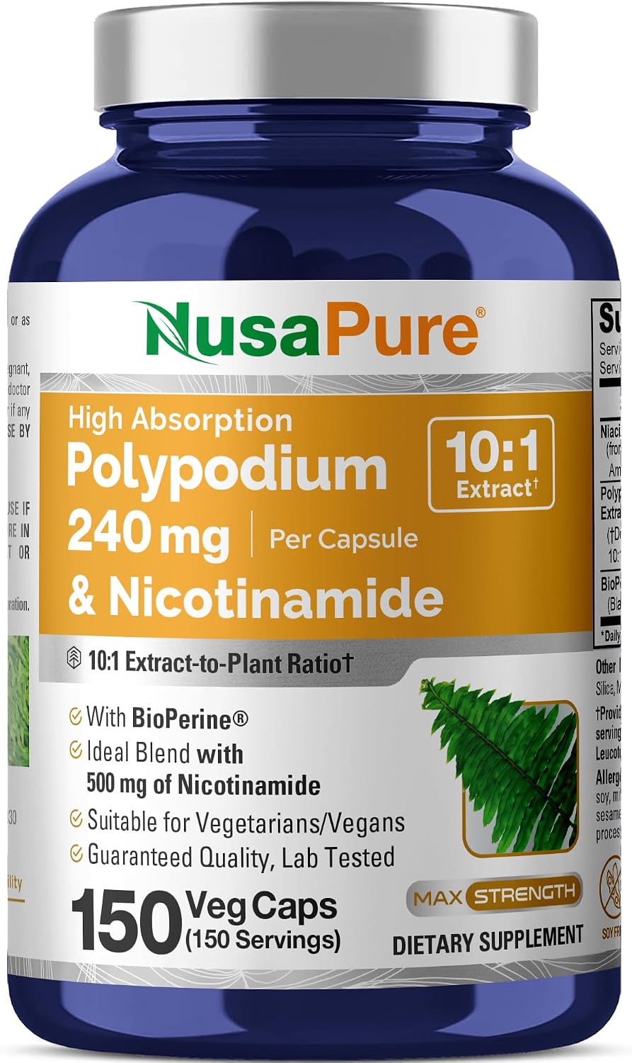 NusaPure Polypodium Nicotinamide 240 mg - 150 Cápsulas Veganas (Sin OGM, Sin Soja)